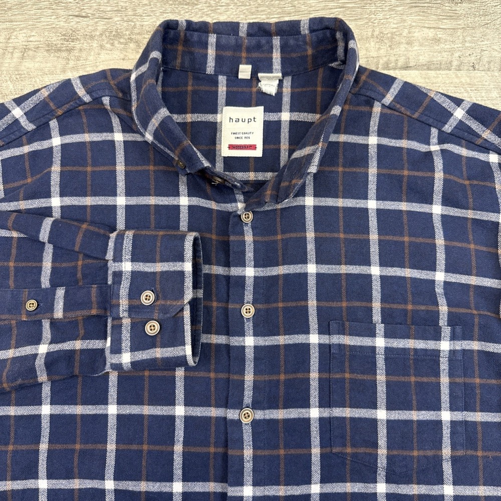 Haupt Modern Fit flannel‎ shirt men's XXL blue plaid button down casual Germany